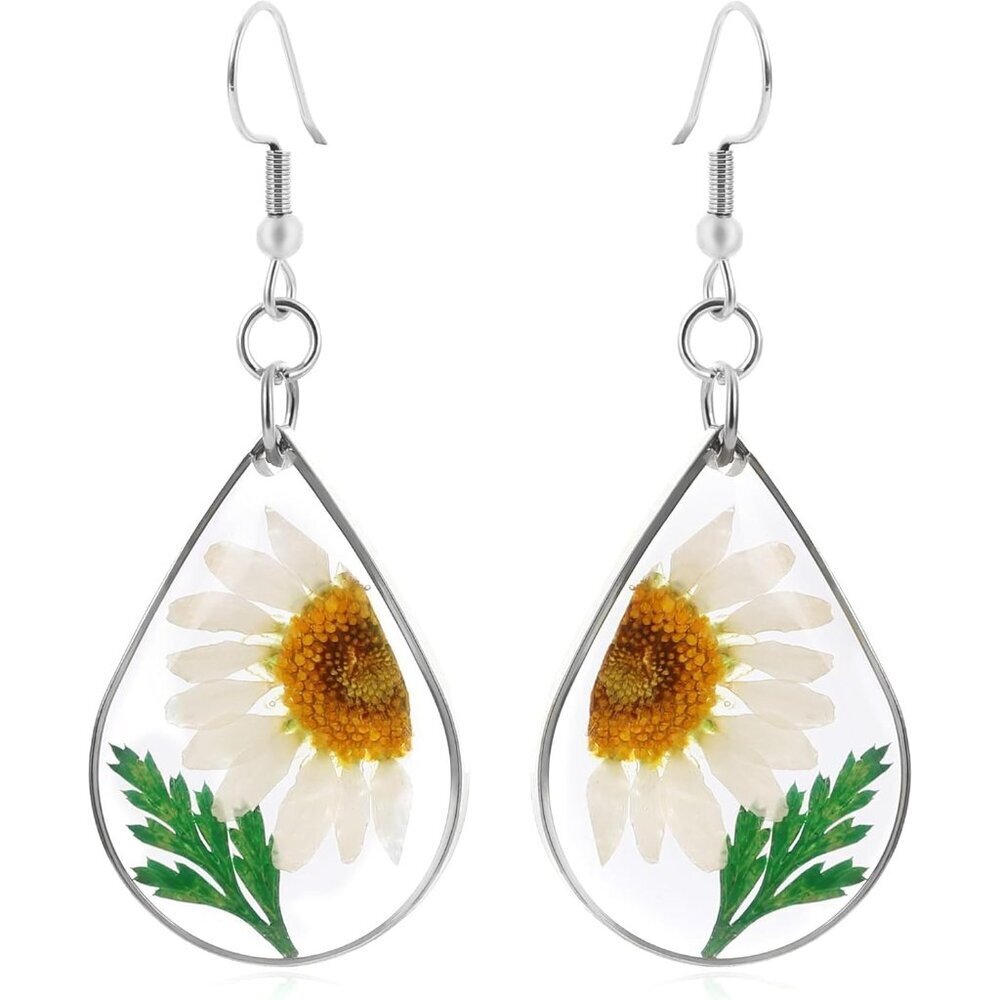 Preserved Mums Flower Teardrop Vintage Long Summer Earring for Women Jewelry